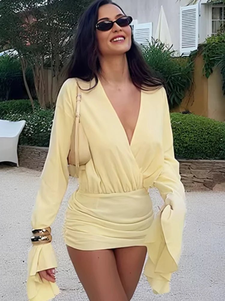 Nibber Chic Patchwork Telai Abito da donna Increspato Elegante Sottile Manica svasata Croce con scollo a V Solido Irregolare Semplice Tendenza Mini Aderente