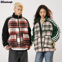 Women's Winter Short Down Jackets for Women 2023 Vintage Plaid Parka Couple Matching Jacket Winter Embroidery Men Winter Coat