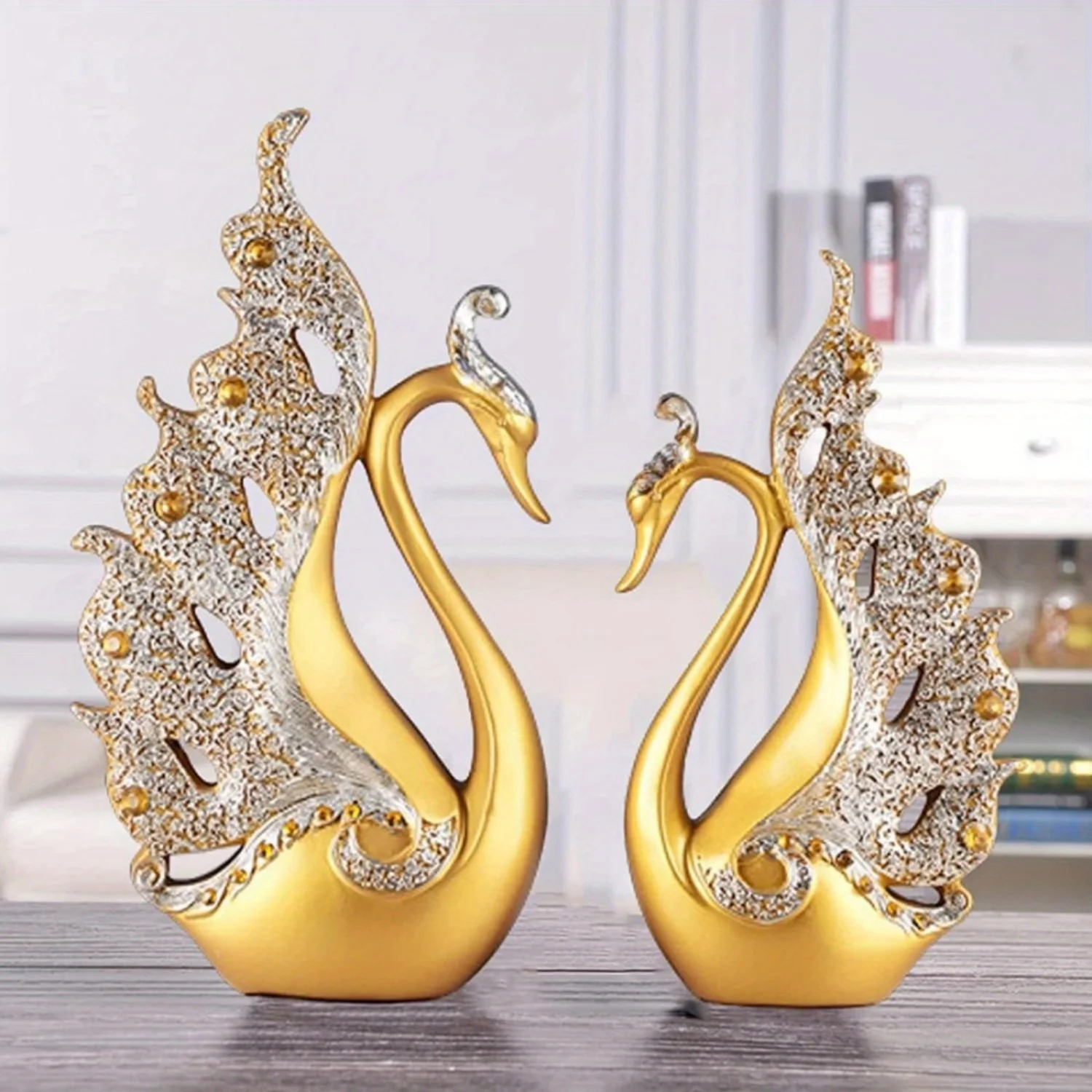 Elegant Swan Couple Statues - Perfect Mothers Day or Wedding Gift! Gold Finish, Ideal for Living Room Decor Duck Resin flatbacks