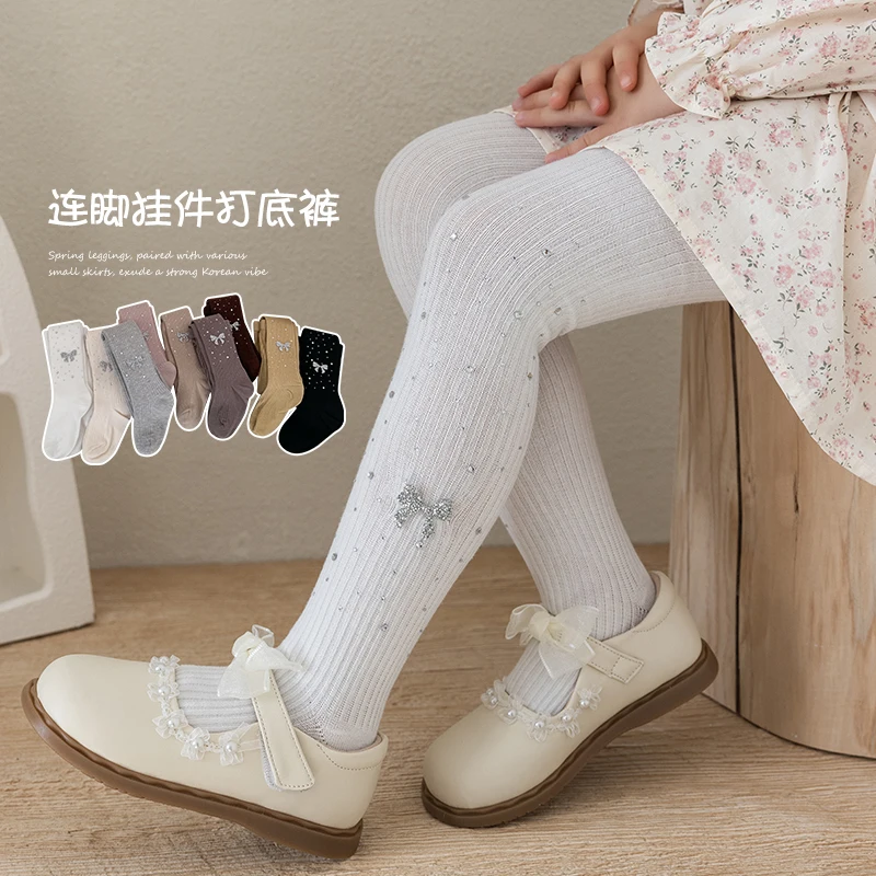 KID Girls Kawaii Rhinestone Bow Footed Tights Sweet Fashion Style Soft Stretchy Breathable Ideal for Daily Outfit Children Pants