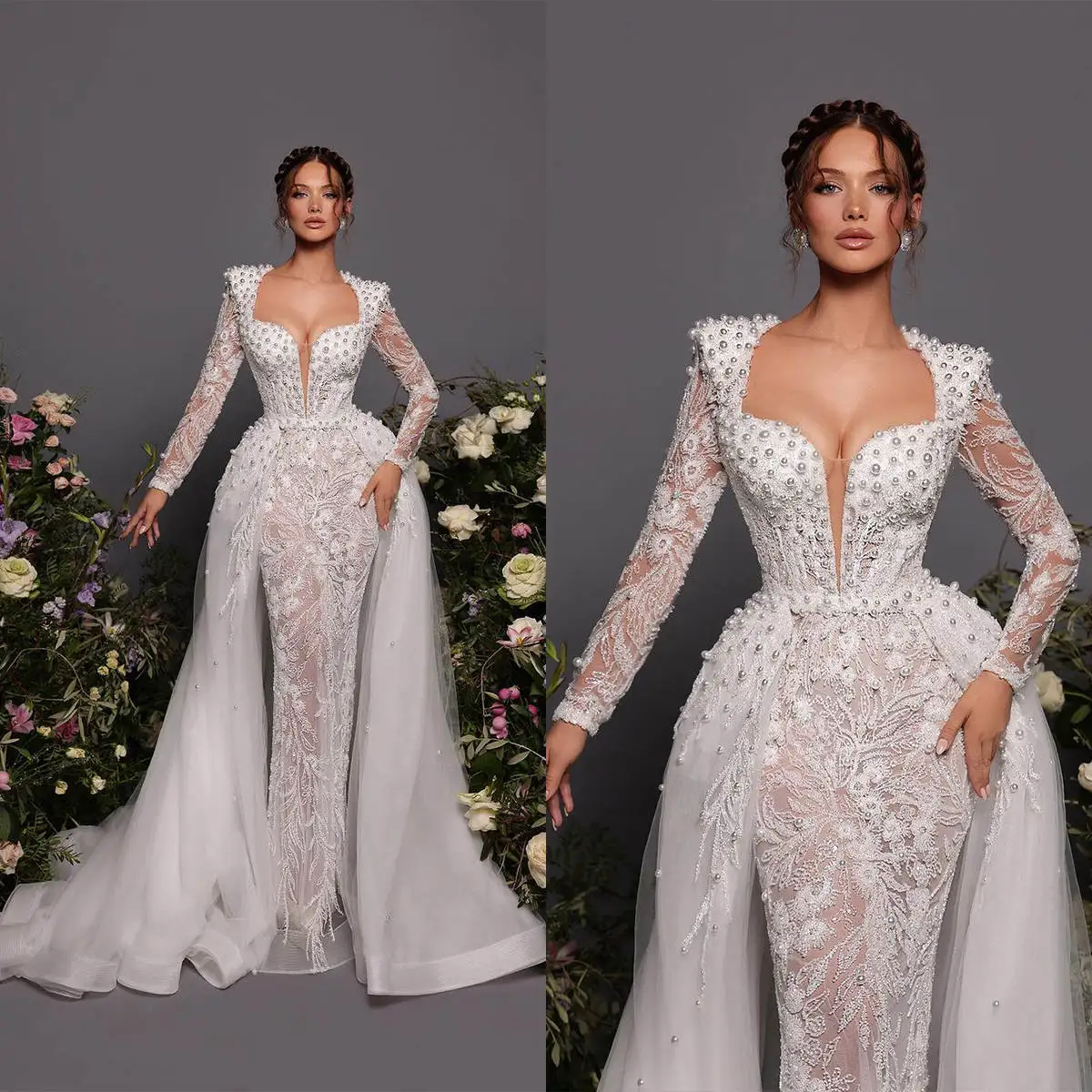 

Exquisite Wedding Dress Mermaid Strapless Sequined Pearls Long Sleeve Detachable Train Bride Gown Vestido De Noiva Custom Made