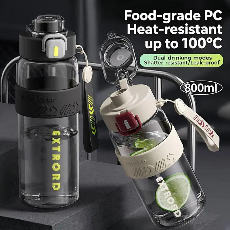 Sports Water Bottle with Straw 800/1100ml Leakproof Heat Resistant BPA Free for Camping Running Workout Daily Use