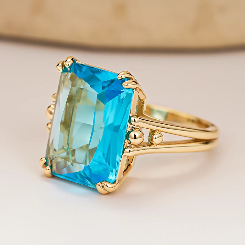 Huitan Big Rectangular Sky Blue Cubic Zirconia Rings for Women Luxury Gold Color Wedding Party Gorgeous Fashion Simple Jewelry