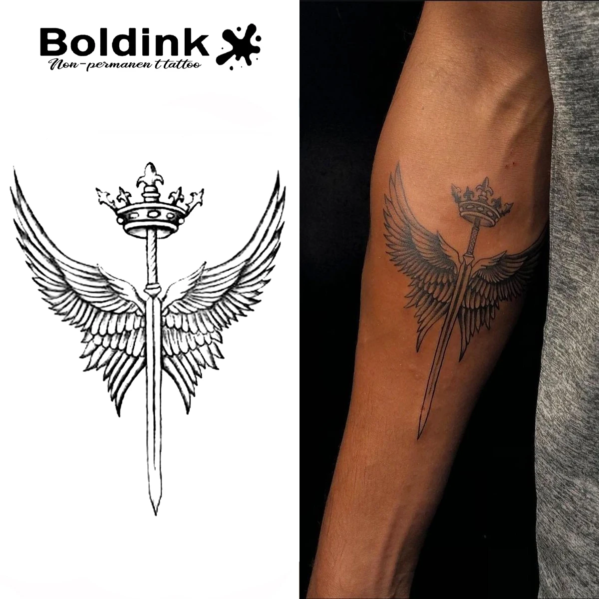 Boldink Crowned Sword with Wings Temporary Tattoo,Lasts To 15 Days New Technology Magic Waterproof Semi Permanent Sticker.