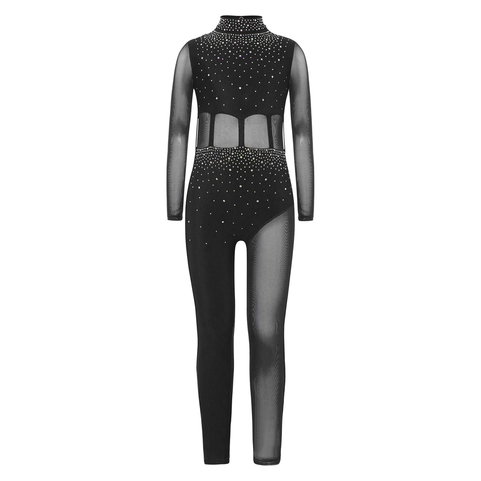 

Stretch Mesh Latin Dance Bodysuit for Kids Girls Full Coverage Sparkling Latin Jumpsuit for Ballet Latin Dance Performance