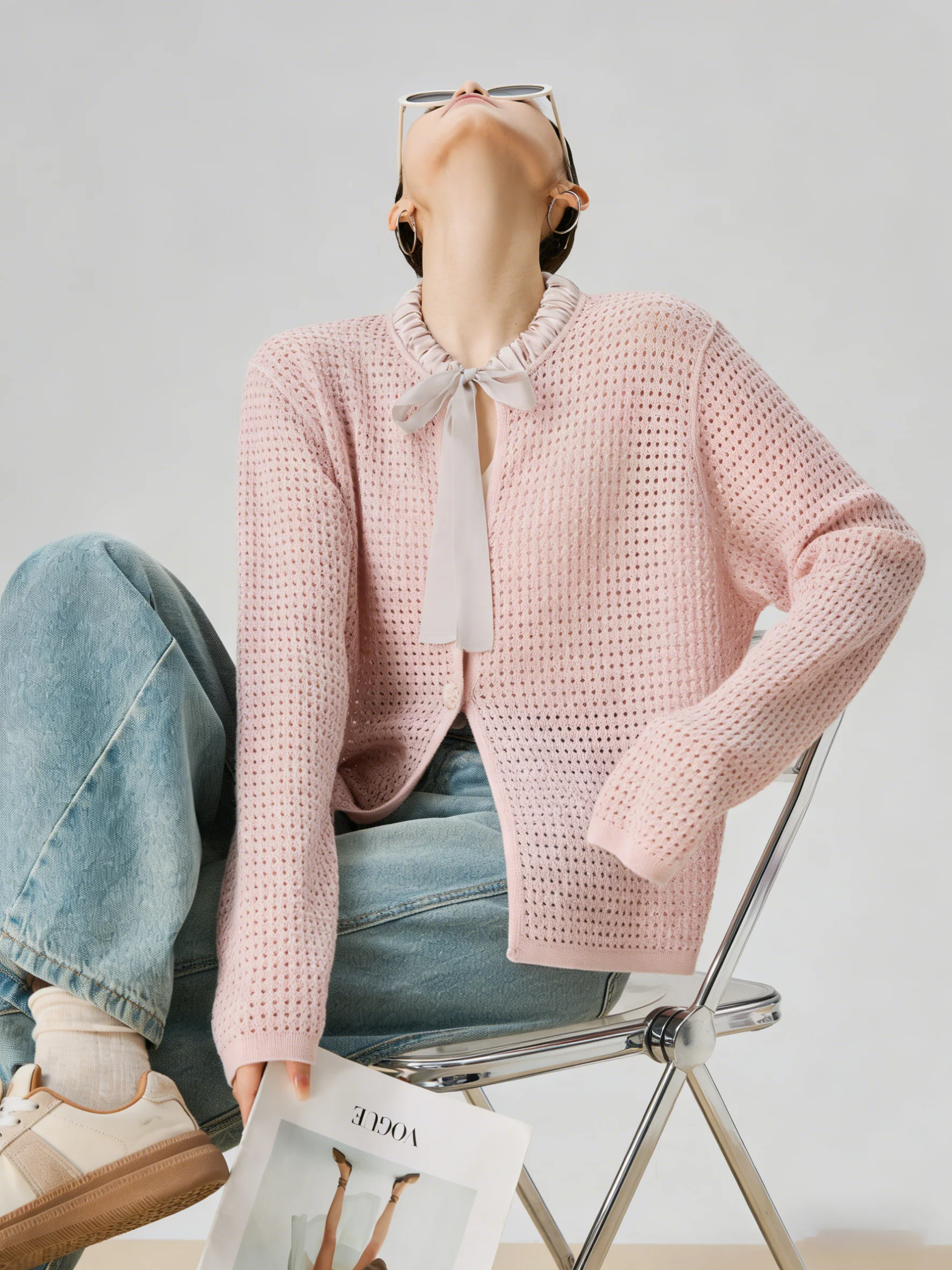 

Розовый атласный вязаный кардиган с поясом и вырезами, с длинными рукавами, женский, модный, весенний, новый, уникальный, красивый, тонкий, легкий, для носки поверх одежды