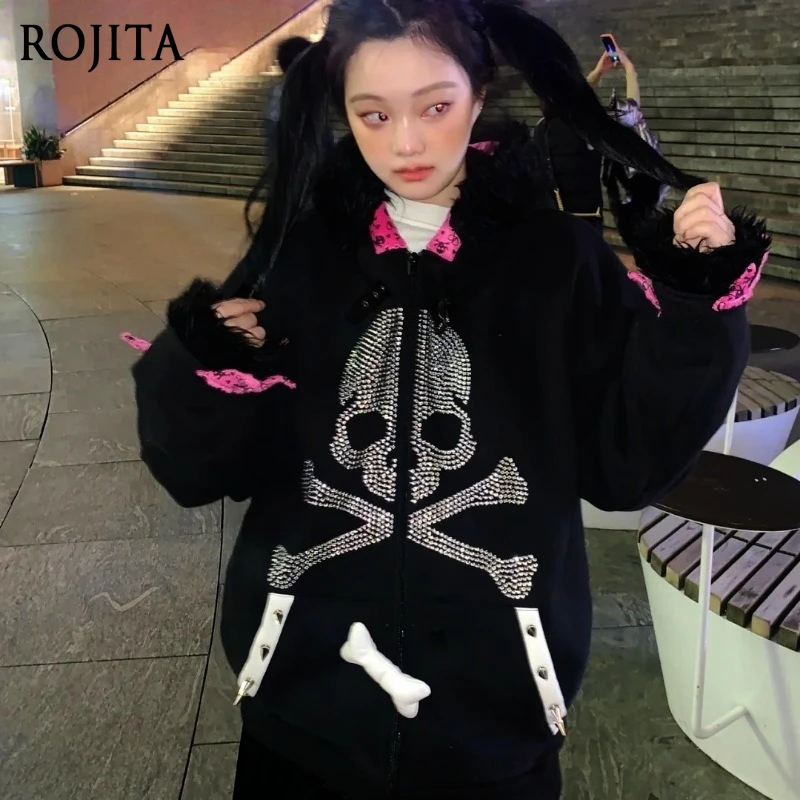 

Subculture Skull Hot Diamond Sweet Cool Original Dark Punk Loose Fleece Sweatshirts Women's Thick Jacket Cat Ear Tail Coat