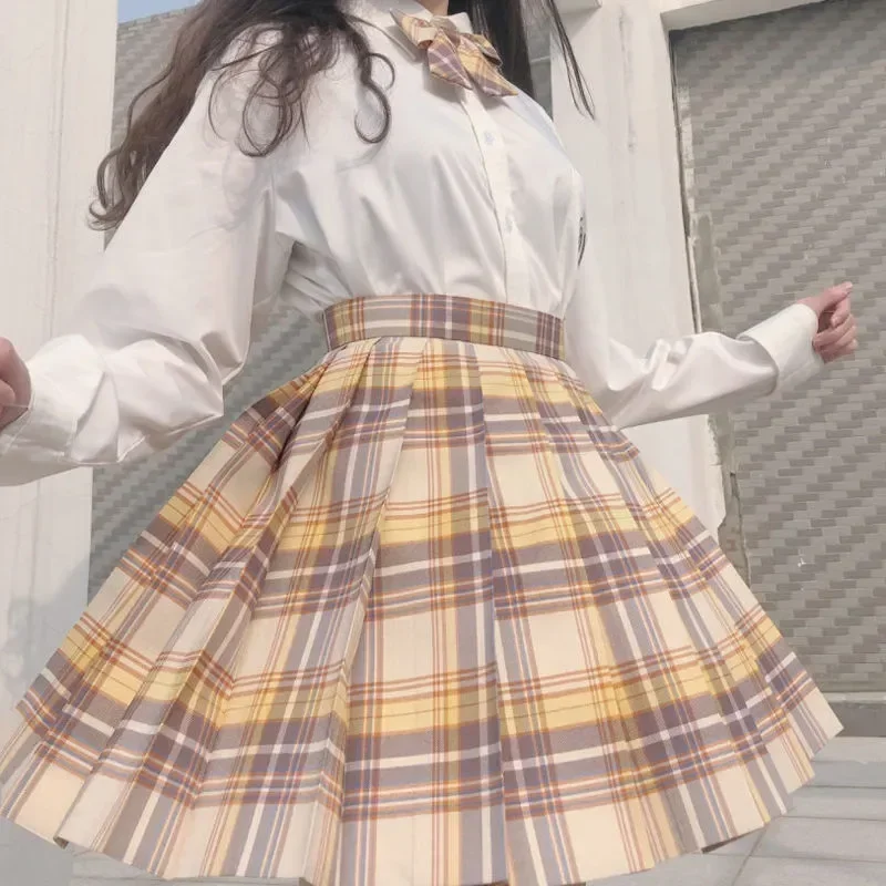 A-line Skirts Plaid Japanese Full Set School High Sexy Uniforms Pleated For Girl Waist