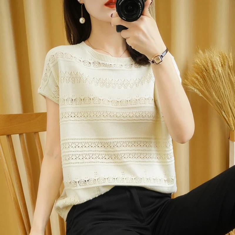 New cotton linen knitted short-sleeved round neck thin section hollow casual T-shirt women 2023 summer loose top