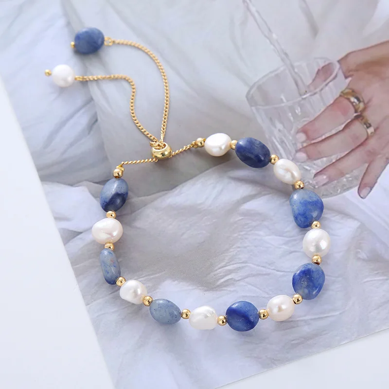 New Baroque Pearl Bracelet Ethnic Style with Natural Freshwater Irregular Shape Blue Beaded Fashion Jewelry for Women Free Ship