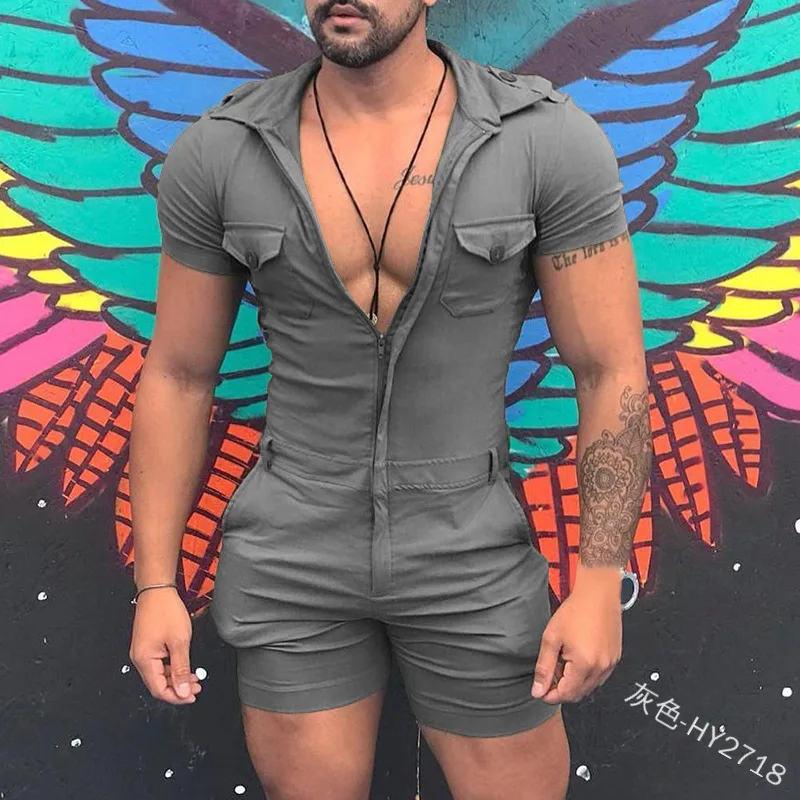 Men Jumpsuit Overalls Romper Casual Streetwear Vintage Fashion Solid Zipper Shorts Girdle Waist Pocket Belted Streetwear Uniform