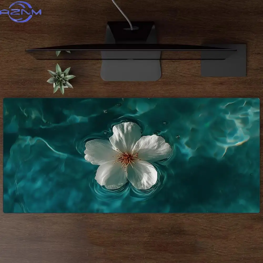 Water Surface White Flower Mouse Pad Waterproof Non‑Slip Aesthetic Scenery Desk Mat Gaming Keyboard Mat Desktop Decor