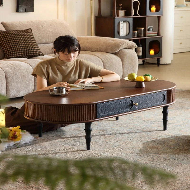 

Retro solid wood coffee table, oval family small apartment living room coffee table, American medieval furniture