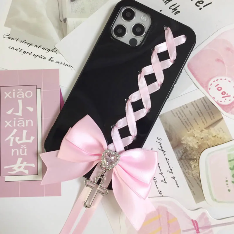 Ballet Style Elegant Pink Ribbon Handmade Soft Case for iPhone Samsung Custom Black Cover Phone Case
