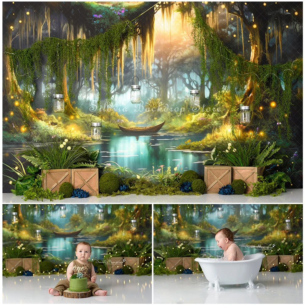 

Wonderland Jungle Fire Fly Bayou Photo Background Birthday Cake Smash Photography Backdrop Moonlight River Photo Studio Props