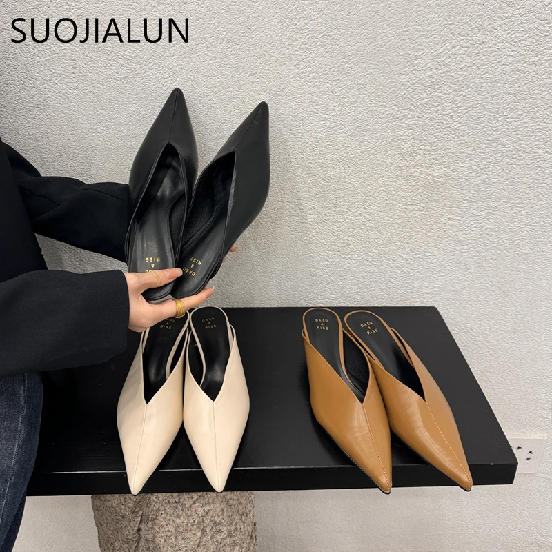 SUOJAILUN 2024 Sping New Brand Women Mules Shoes Fashion Pointed Toe Shallow Slip On Slipper Shoes Thin Low Heel Dress Sandal