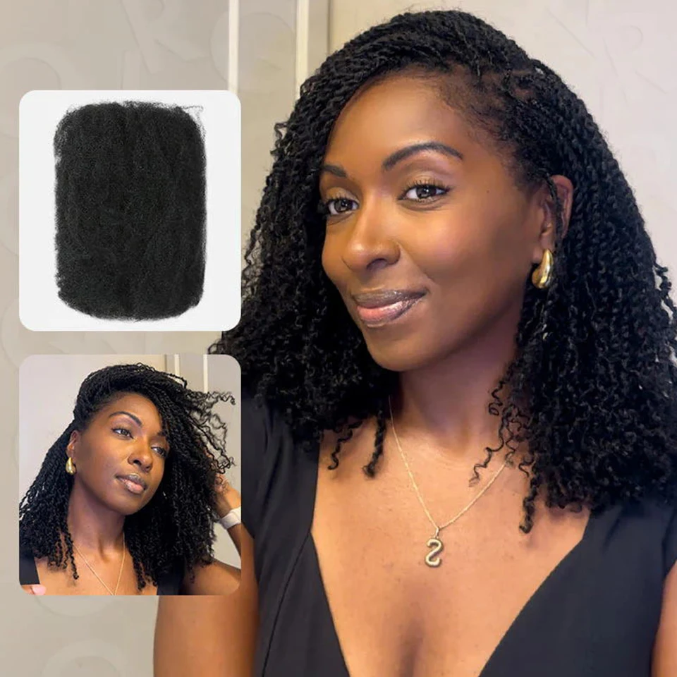 QVR Afro Kinky Bulk Human Hair Extensions Natural Black/Brown/Grey - Lightweight for Braiding, Styling & Everyday Wear