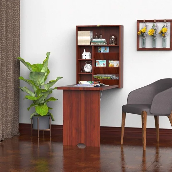 Mahogany wall-mounted cabinet PC/gaming computer desk with drawers collapsible and adjustable height wall-mounted design