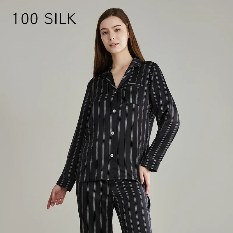 100% Mulberry Silk Pajama Set Men and Women's Couple Striped Pajamas Long Sleeve Trousers Loungewear PJ Nightwear Family Pijamas