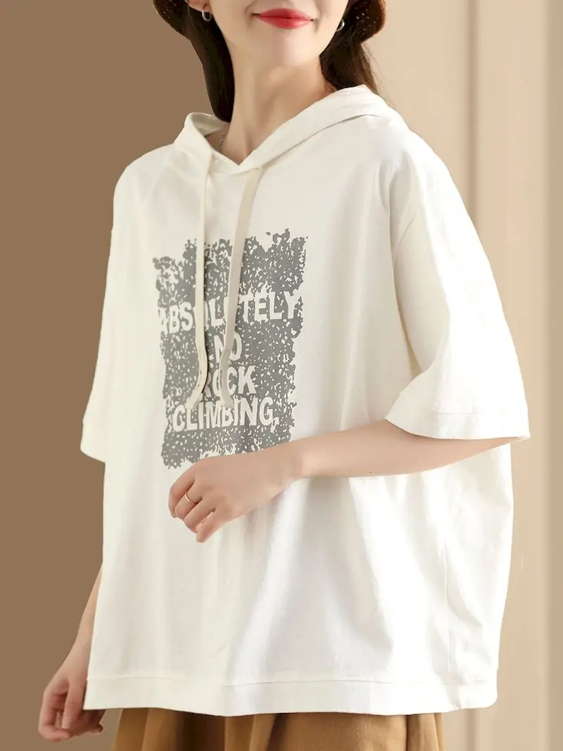 2024 Spring Summer T Shirt Women Korean Style Casual Loose Thin Tops Letter Printing Hooded T-shirt Women\'s Short-sleeved Tshirt