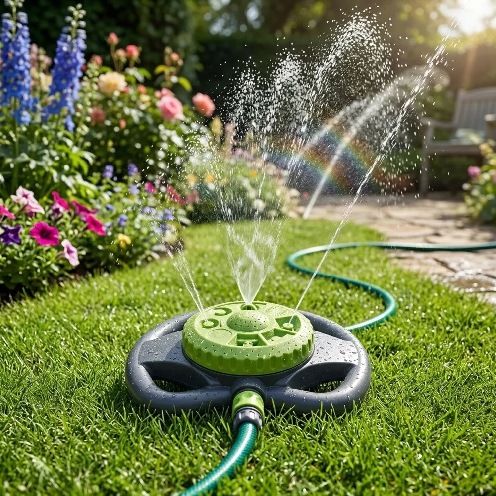 Ground Sprinkler with 8 Spray Patterns Adjustable Circular Watering System Base Mounted Design for Small Gardens