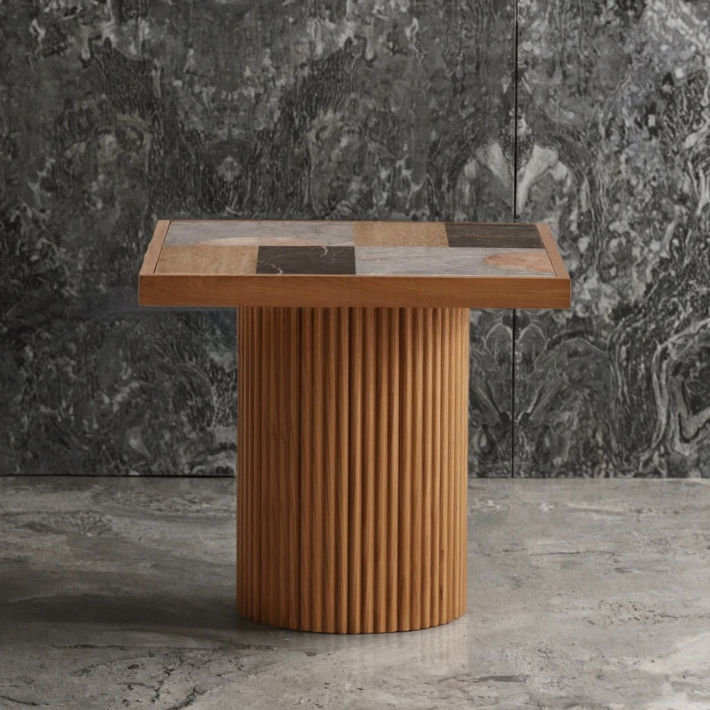 Modern living room coffee table with polished jade shell, limestone table top and recessed wood base, square side table