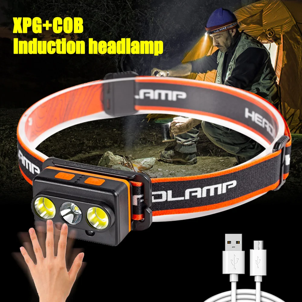 Led Inductie Koplamp Cob Koplamp Usb Opladen 7 Modi Handfress Led Koplamp Met Ingebouwde 1200Mah Lithium Batterij