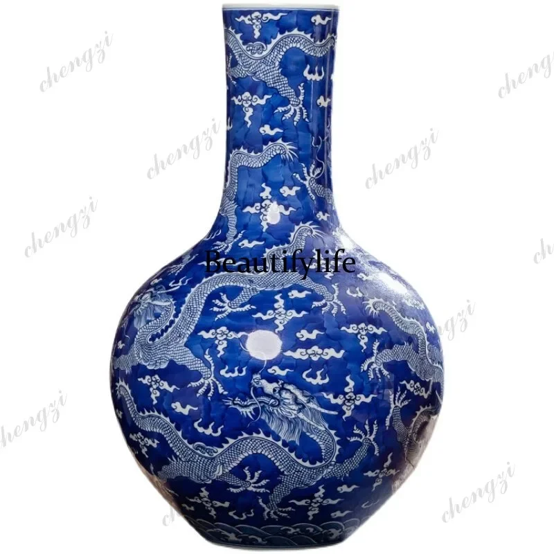Ceramic hand-painted Kowloon celestial ball bottle large vase in the living room TV cabinet entrance decoration antique ornament