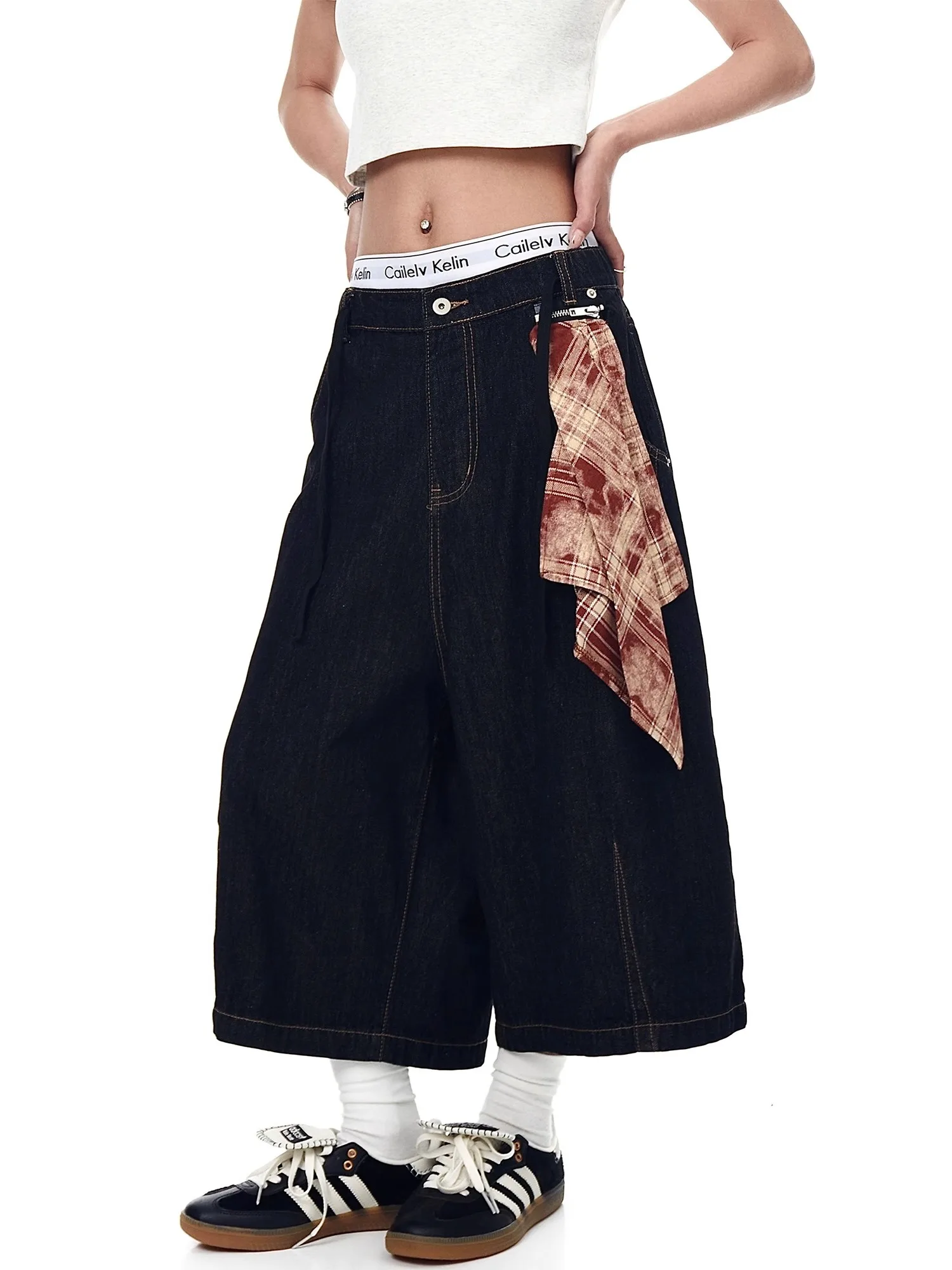 

Retro Summer Removable Scarf Original Color Jeans orts Men Women Street Sle American Cool Wide Leg Seven Parts Pants