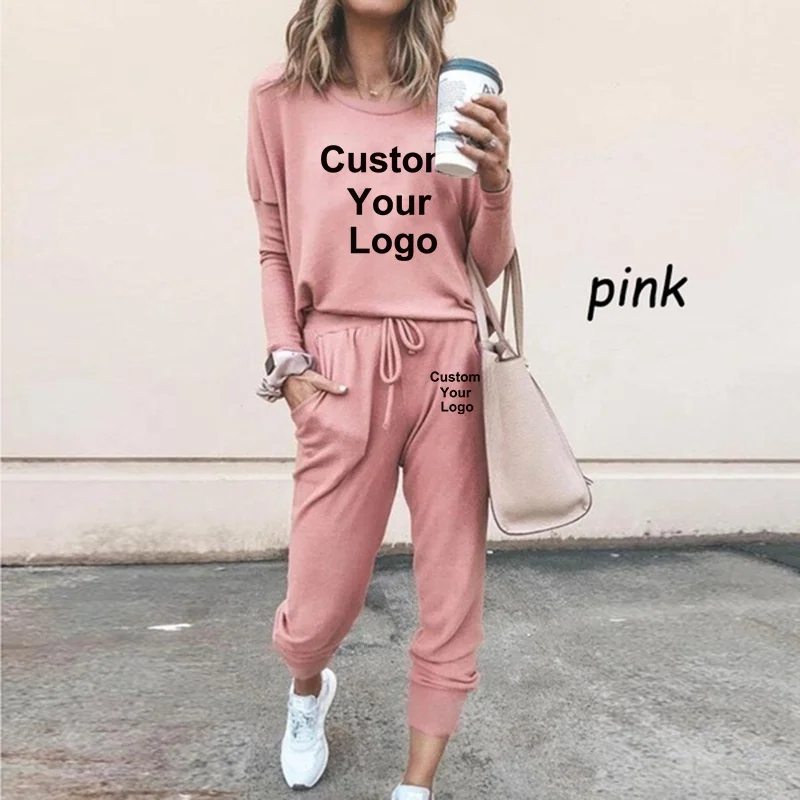 New Spring and Autumn Custom Your Logo Women\'s Suit Fashion Daily Home Wear Woman Round Neck Sweatsuit + Pants 2pcs Sets