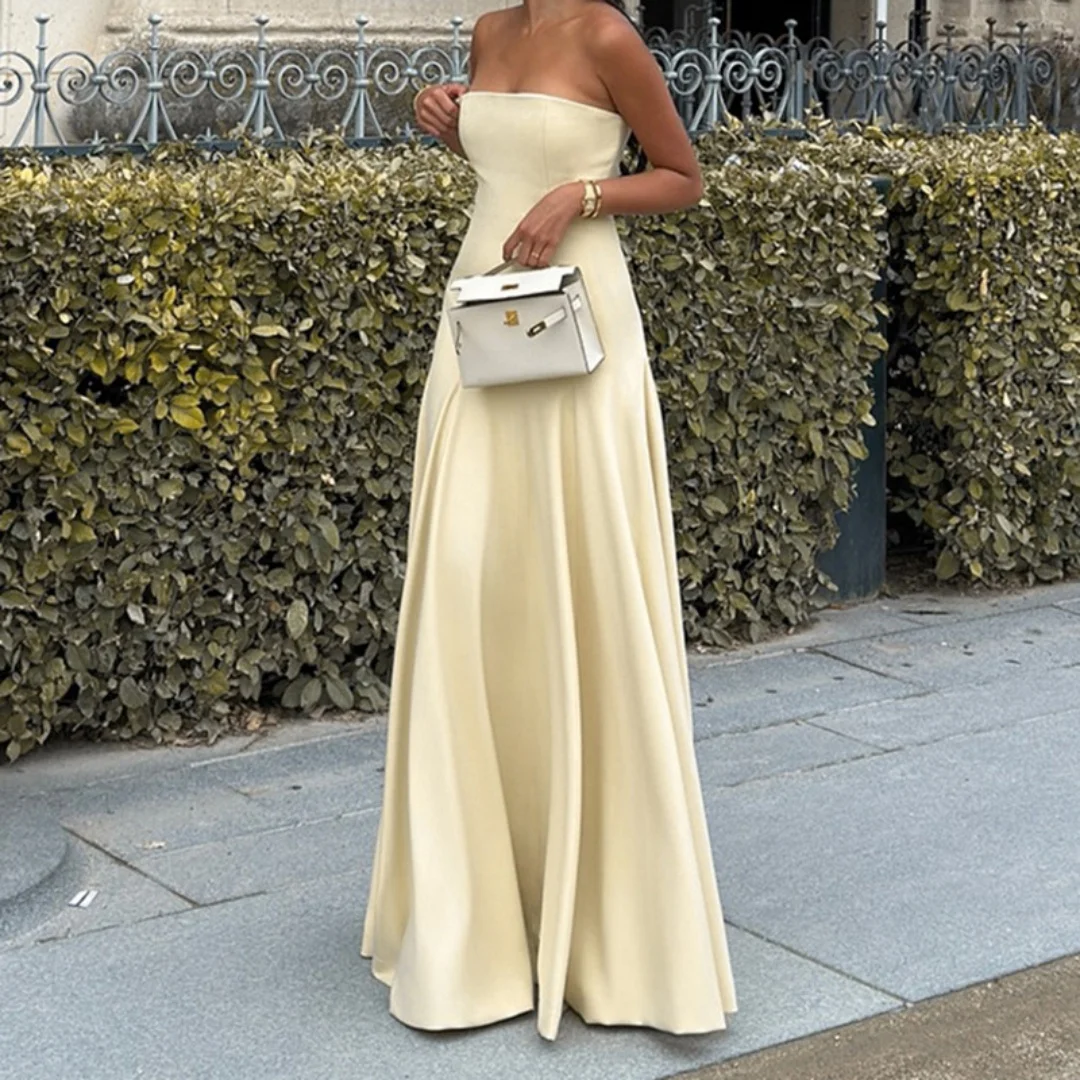 Leichtes Leinen-A-Linien-Kleid für Damen, Sommer 2022, lässiges, solides Midikleid mit Taschen, trägerlos, lang, für Damen, Urlaubsmode