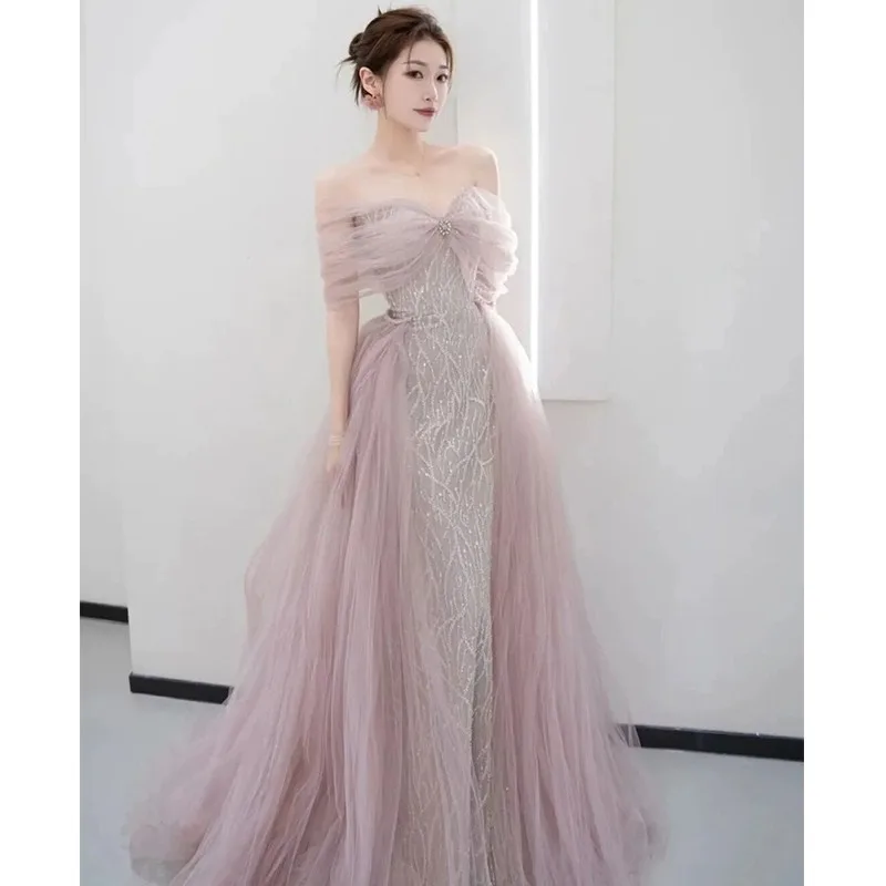 Gaun malam desain pita manis gaun pesta wanita bahu terbuka Puff lipat panjang lantai gaun pesta dansa cahaya mewah Quinceanera Vestido