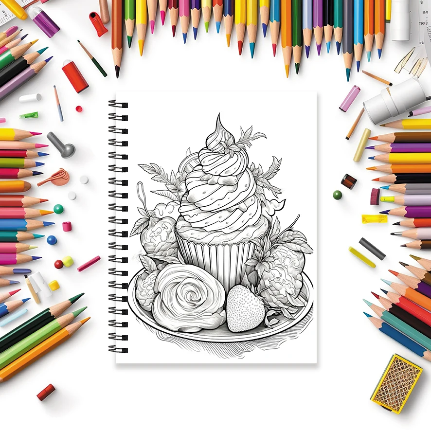 大人の心のこもったデザートの塗り絵は、ストレスを軽減し、感情を和らげるのに役立ちます、8.3x11.2 "、32ページ