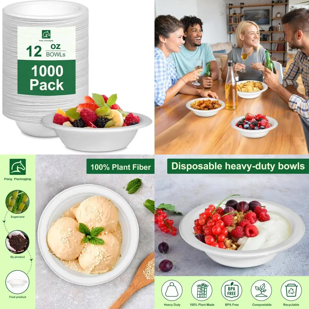 

Heavy Duty 12oz Compostable Paper Bowls, Disposable Soup Bowls, 1000-Pack Biodegradable Bagasse, Eco-Friendly Disposables for Pa
