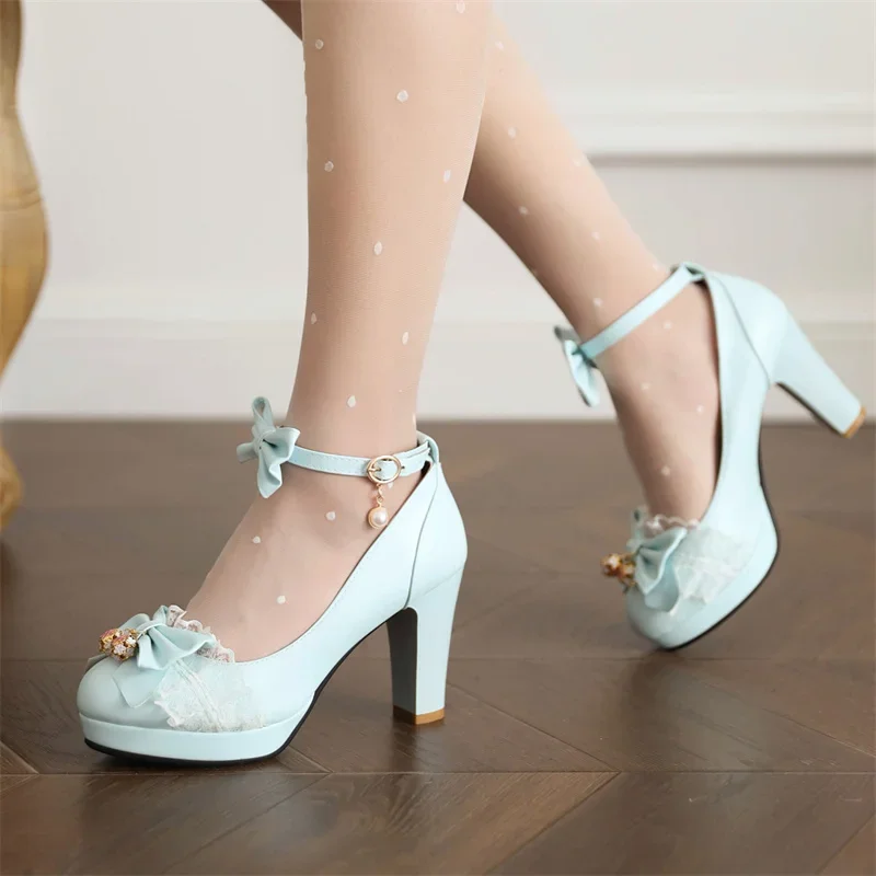 

YQBTDL 2025 Cute Bowtie Princess Lolita Shoes Ladies Square High Heels Princess Wedding Cosplay Mary Janes Pumps Women's