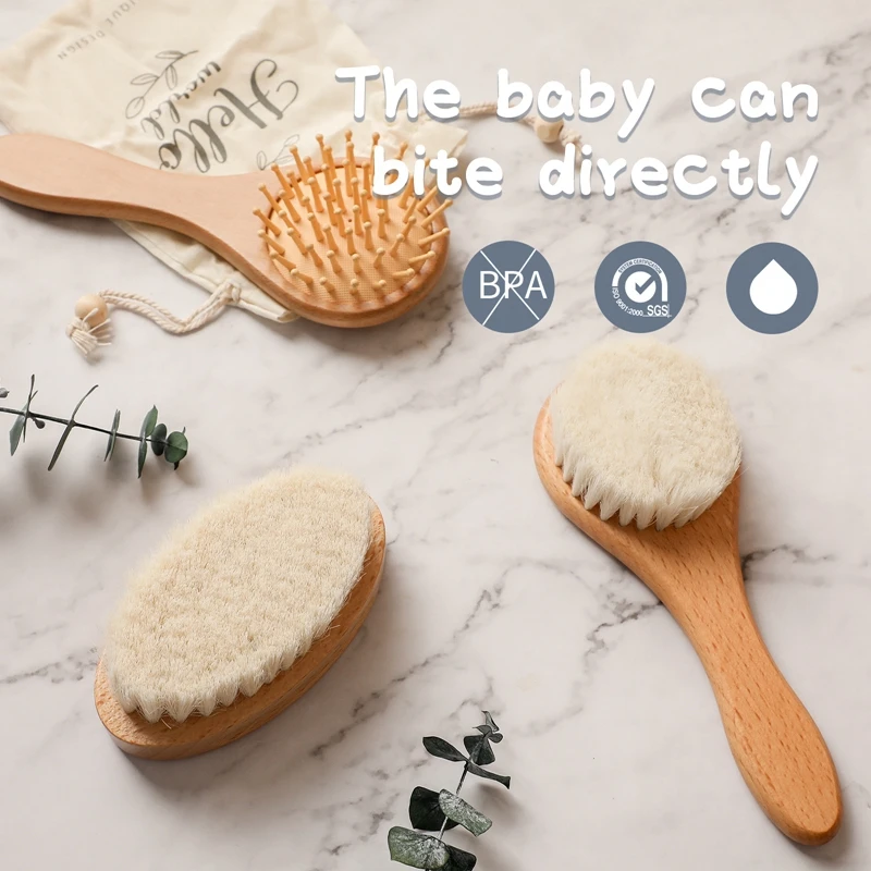 Baby Natural Wooden Hair Brush Round Shape Wooden Massage Comb Brush with Soft Wool Portable Newborn Head Massager Birth Gifts