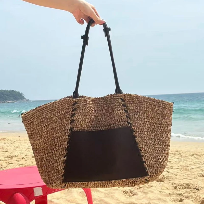 Raffia-Stroh Gewebte Leder-Patchwork-Tragetasche, Damen Große Kapazität Sommer Strand Urlaub Schultertasche, Reise-Pendler-Handtasche – Detail 8