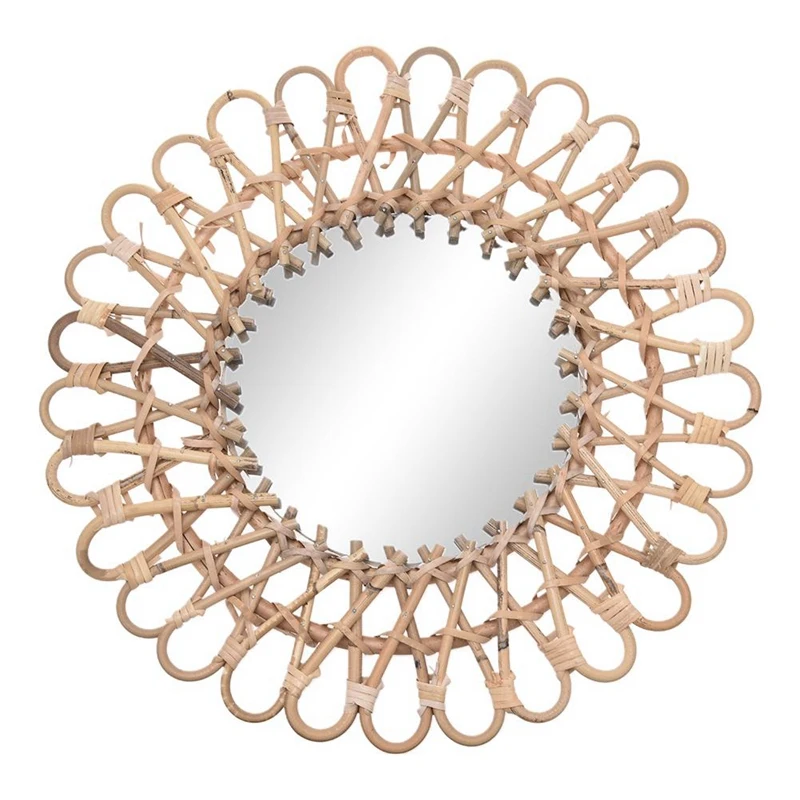 

A33R-40Cm Nordic Wicker Wall-Mounted Mirror Rattan Round Dressing Mirror Home Living Room Bathroom Decor Wall Hanging Mirror