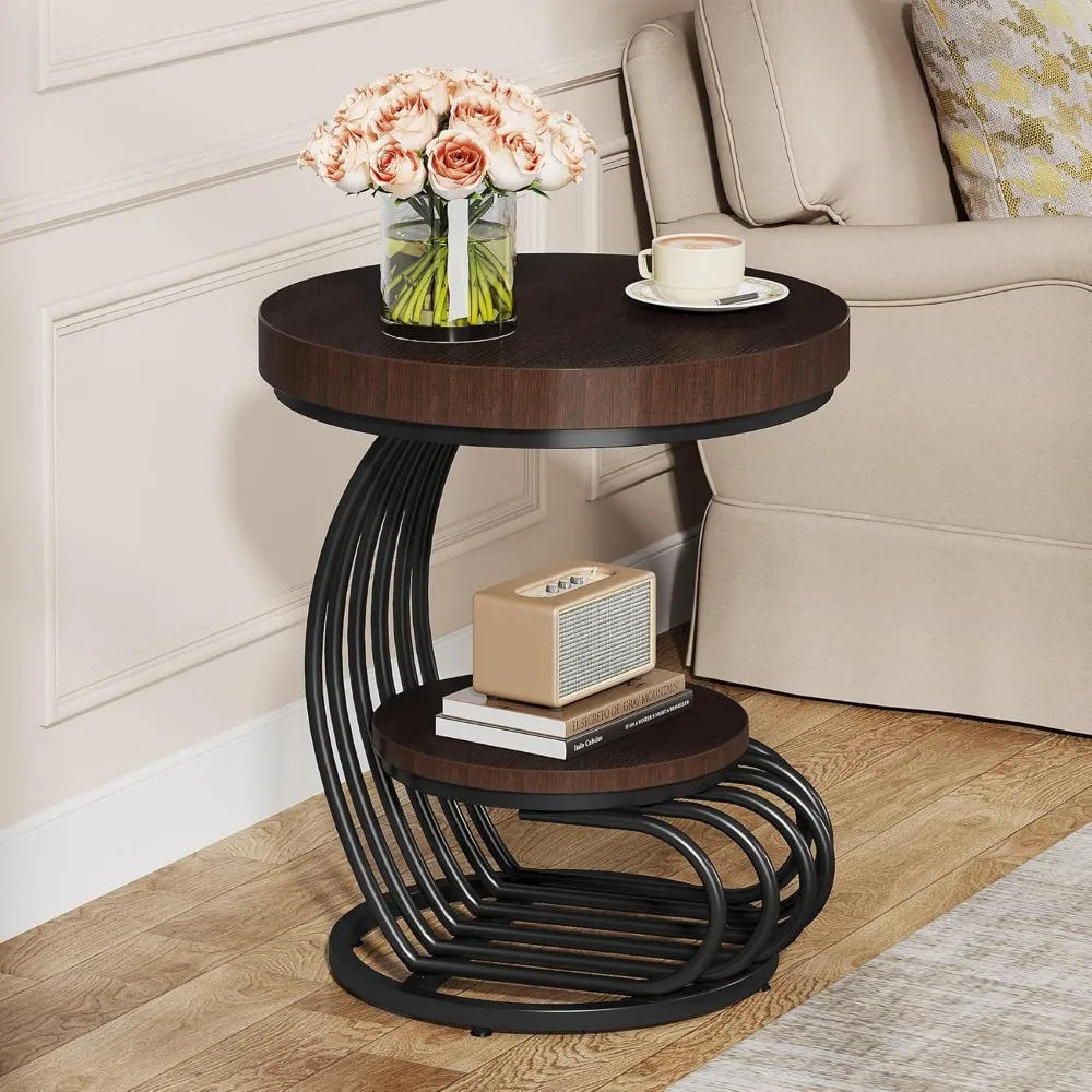 

Round End Table, 2-Tier Farmhose Wood Side Table with Shelf Storage, Small Sofa Side Bedside Nightstand, Arc-Shaped Frame Accen