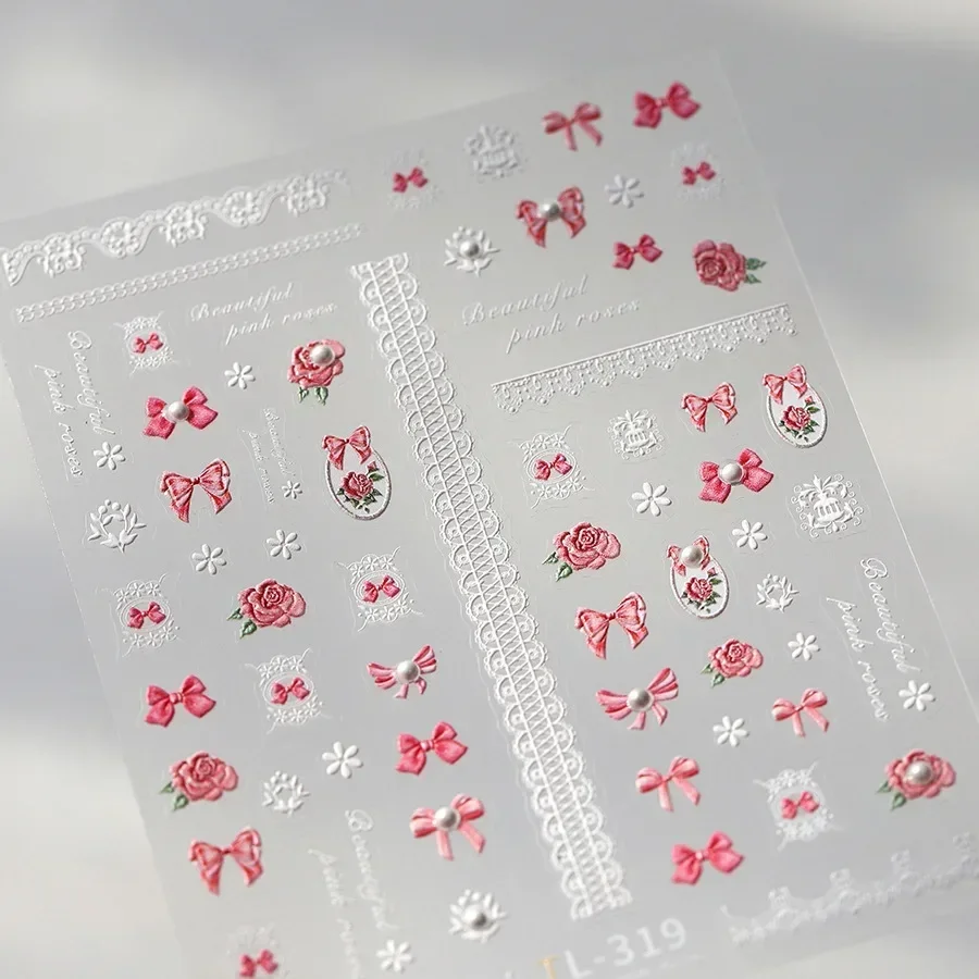 Shiny Bowknot Pink & White 5D Nail Art Sticker Set