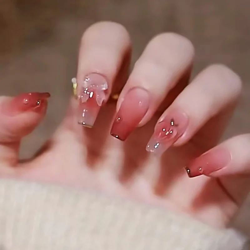 24PCS-Gradient Color Manicure Peach Design Oxed Love Peach Bow Color Changing with the Sun light  3D Wearing Nail