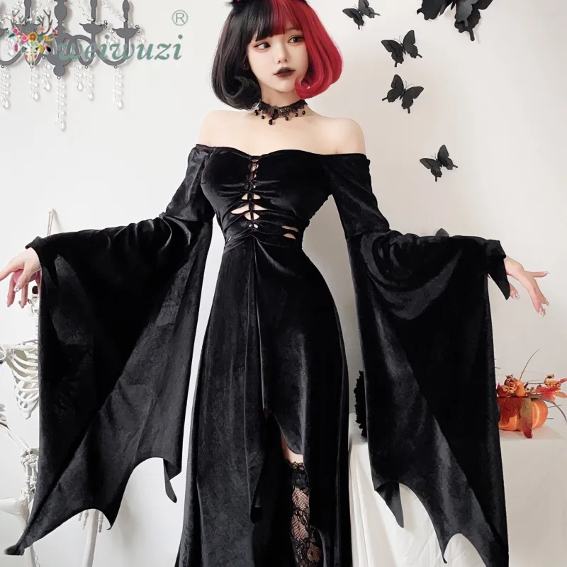 Schwarze Lolita Retro Halloween Kostüm Vampir Braut Rollenspiel Kostüm Langärmelige Gotische Hexe Todeskleid Party Kostüm Anime Mystische Sexy Charmant Schwarze Bloße Schulter Langärmelige Geräumige