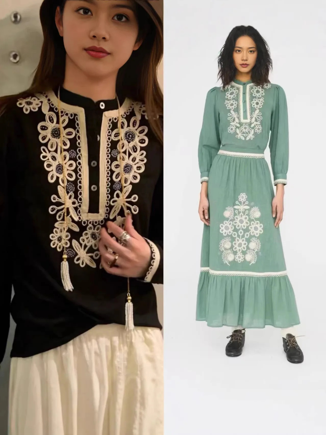 

Withered 2026 Spring/summer New Product Retro Round Neck Embroidered Flowers Look Thin Loose Top Shirt For Women