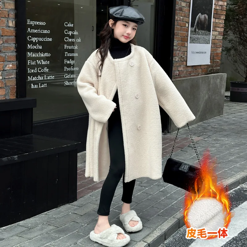 Girls Autumn Winter Woolen Coat 2024 New Fashion Girl Foreign Style Warm and Thick Simple Casual Coat Korean Simple Style