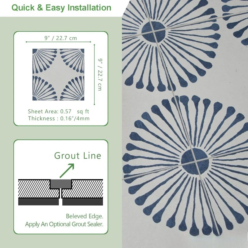16 ورقة قابلة للتقشير واللصق للأرضيات والبلاط الحائط، 9 بوصة × 9 بوصة أرضيات فينيل ذاتية اللصق مركبة من الحجر الأزرق، زهور منقوشة