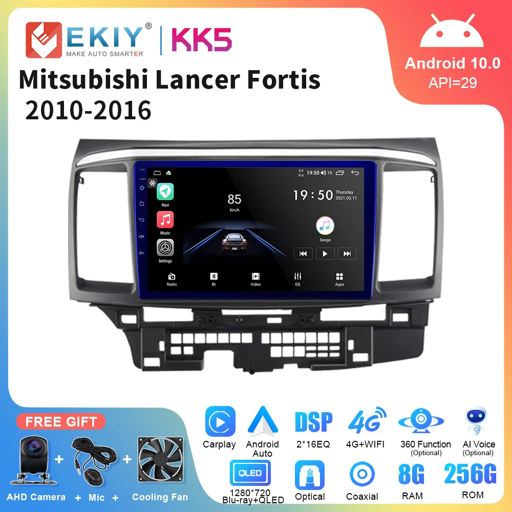 EKIY KK5 QLED Car Radio For  MITSUBISHI LANCER Fortis 2010-2016 Multimedia Video Player 4G GPS Android Auto CarPlay 2 Din Stereo