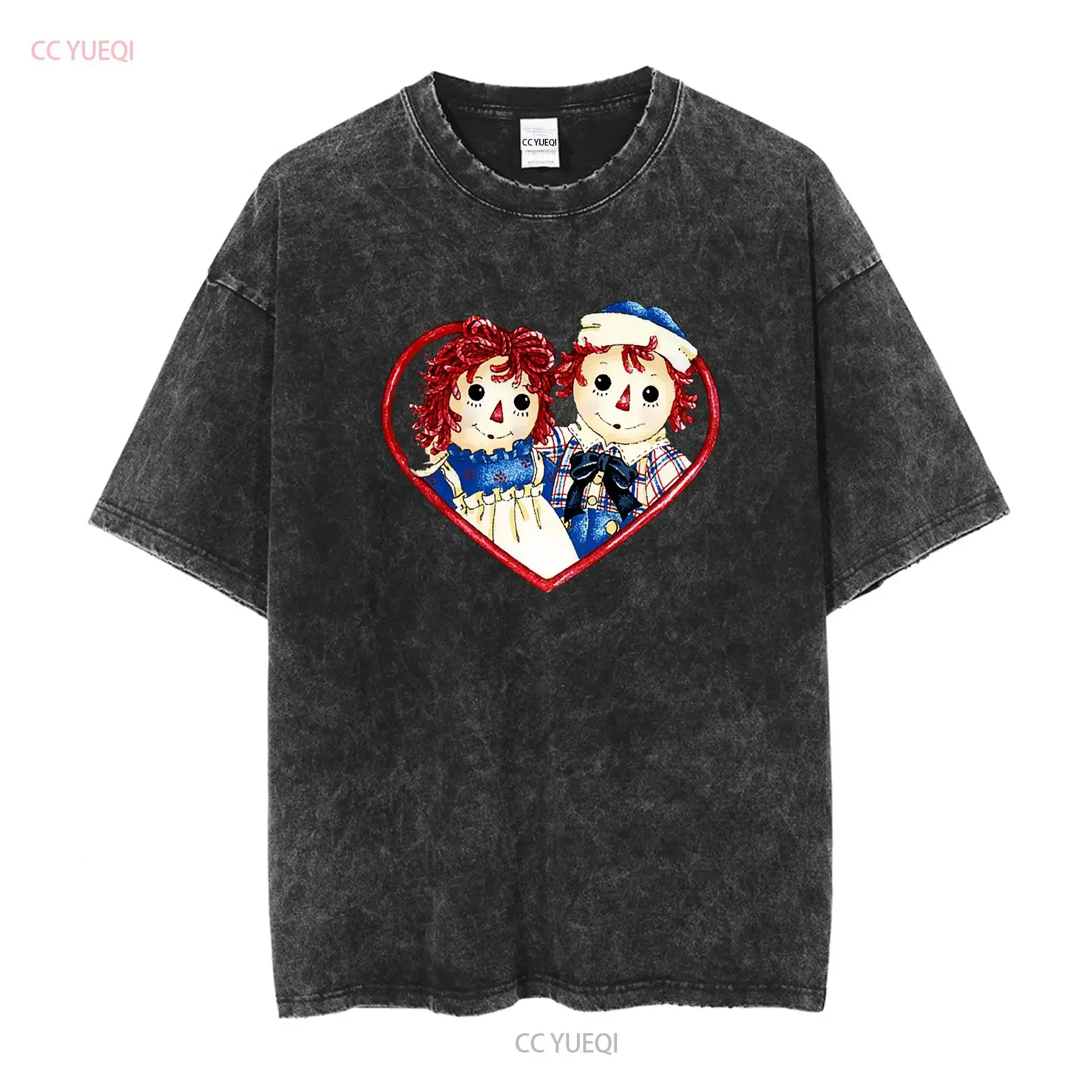 تي شيرت Raggedy Ann and Andy Dolls Vintage Heart Jersey بأكمام طويلة أو قصيرة ملابس كلاسيكية مغسولة قليلاً للجنسين