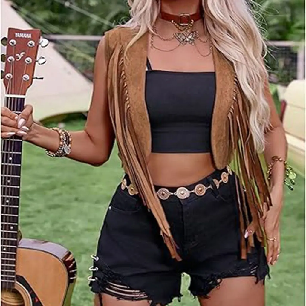 Combhasaki Women Summer Y2K Vintage Boho Cowgirl Vest Tops Sleeveless Open Stitch Tassel Cardigan Beachwear Waistcoat Streetwear