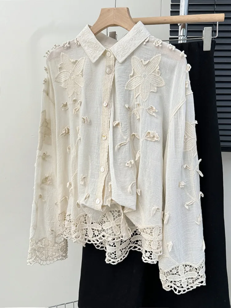 Korean Embroidery Flower Blouse Women Clothing Temperament White Shirts 2024 Blusas Mujer De Moda Hollow Out Loose Blouses Tops