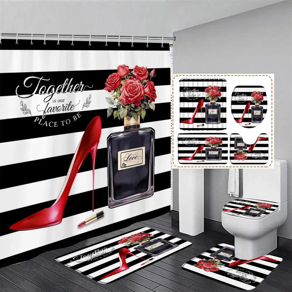 Valentine\'s Day Shower Curtain, Rose High Heels Lipstick Perfume Bottle Black and White Striped Romantic Bath Mat Bathroom Decor